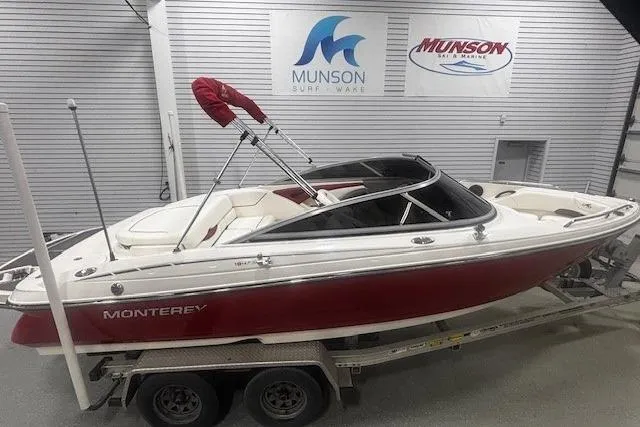 Slide: The Image of 2008 Monterey 194FS boat with red hull on trailer in showroom. - 32