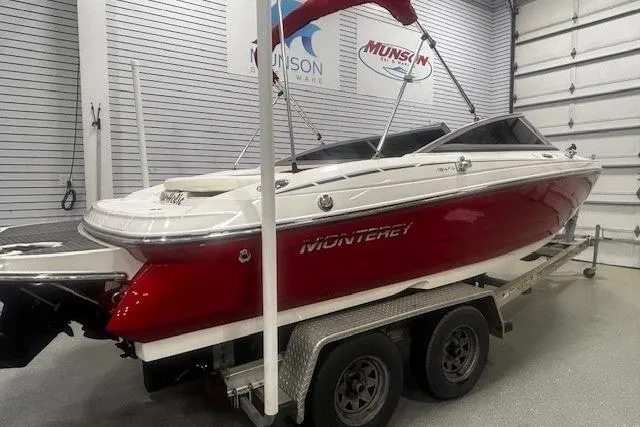 Slide: The Image of 2008 Monterey 194FS boat on trailer in showroom, red and white design. - 34