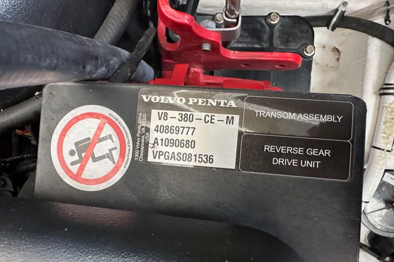 Slide: The Image of Volvo Penta engine label on 2020 Monterey 355 Sport Yacht, showing model and specifications. - 72
