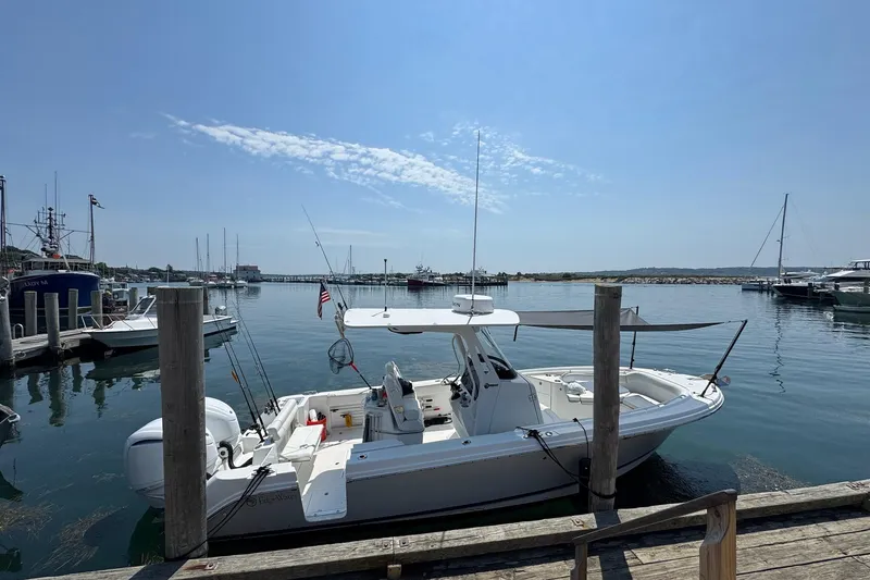 Slide: The Image of 2022 Edgewater 262CC boat docked at a serene marina under a clear blue sky. - 2