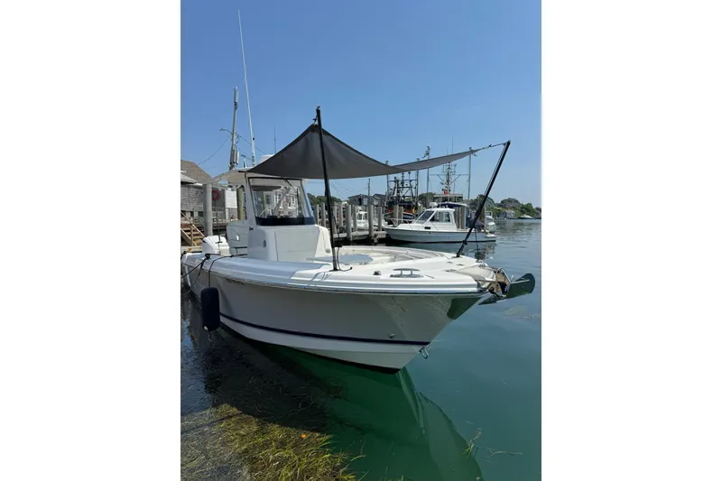Slide: The Image of 2022 Edgewater 262CC boat docked in a marina under a clear blue sky. - 3
