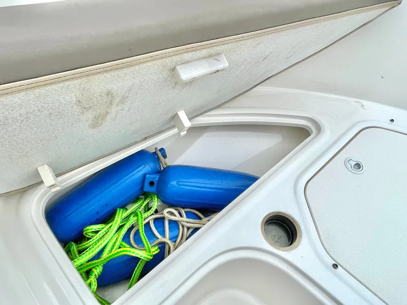 Slide: The Image of Bayliner E21 2017 storage compartment with blue fenders and ropes. - 20