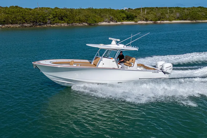 Slide: The Image of 2022 Valhalla Boatworks V-33 cruising on clear blue water near a lush shoreline. - 30