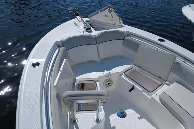 Slide: The Image of 2020 Sea Fox 249 Avenger boat interior with seating and storage compartments. - 8