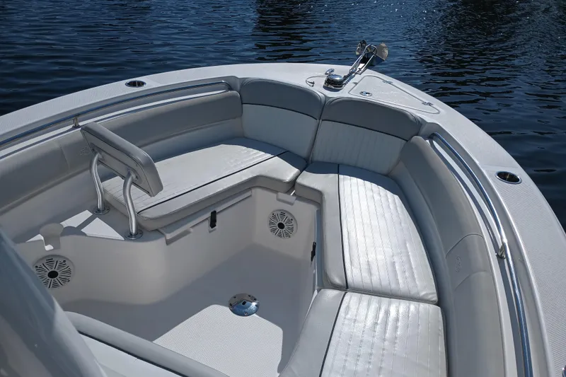 Slide: The Image of 2020 Sea Fox 249 Avenger boat interior with cushioned seating and sleek design. - 9