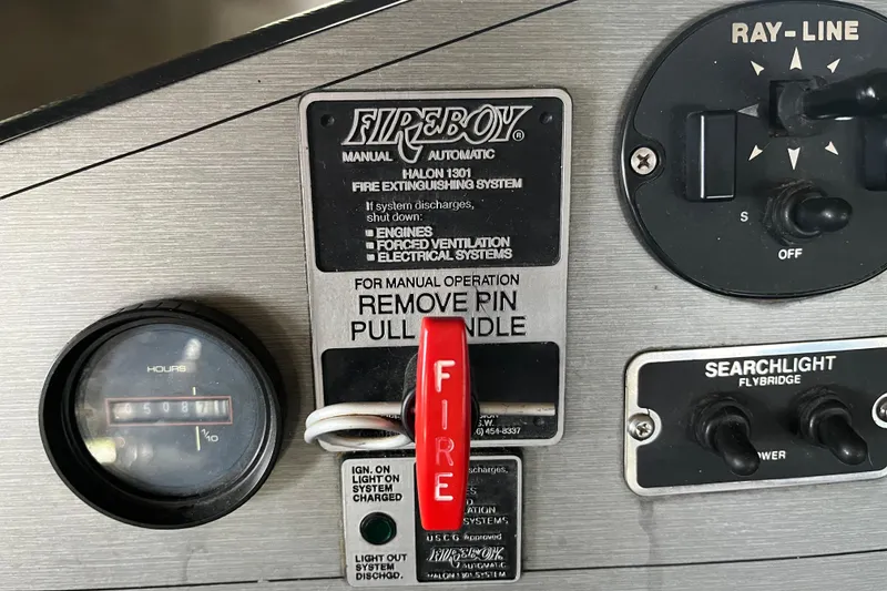 Slide: The Image of Control panel of a 1990 Gibson 44 with fire extinguisher system and searchlight controls. - 7