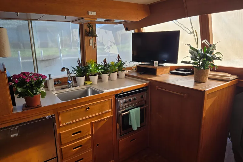 Slide: The Image of Interior of 1992 Grand Banks 46 Classic yacht with kitchen, plants, and TV. - 21