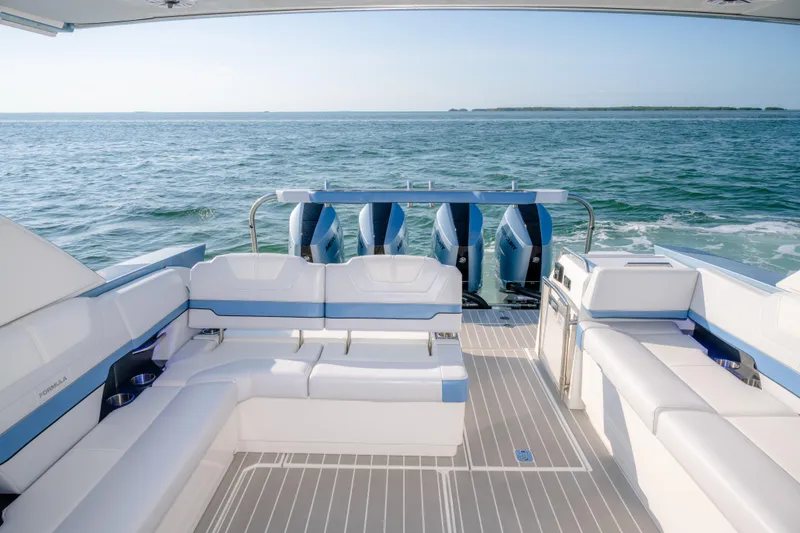 Slide: The Image of 2025 Formula 430 Super Sport Crossover yacht interior with ocean view and powerful engines. - 54