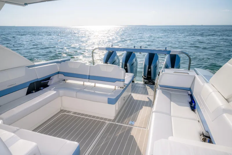 Slide: The Image of Luxurious 2025 Formula 430 Super Sport Crossover yacht interior with ocean view. - 56