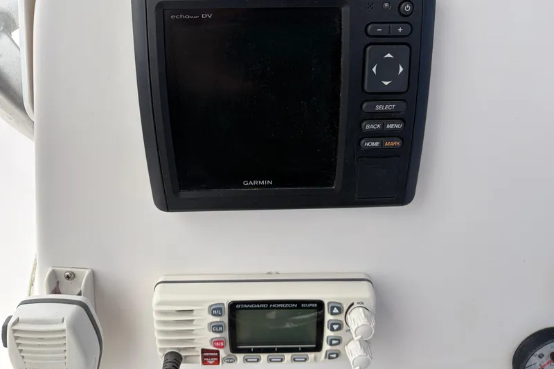 Slide: The Image of Garmin echomap DV and Standard Horizon Eclipse on 2017 Tidewater 198 CC Adventure boat. - 10