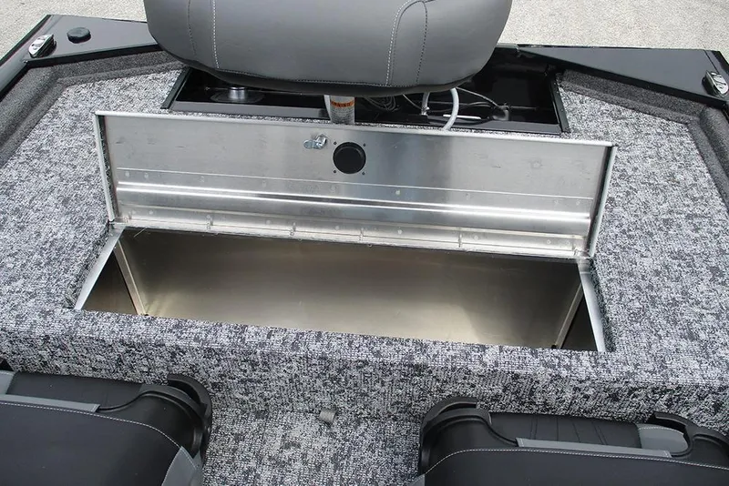 Slide: The Image of 2026 Tracker Pro 170 boat storage compartment with open lid, showcasing interior space. - 16