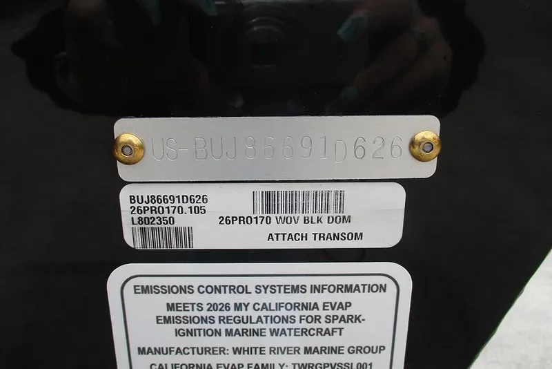 Slide: The Image of 2026 Tracker Pro 170 boat identification and emissions control information plate. - 19