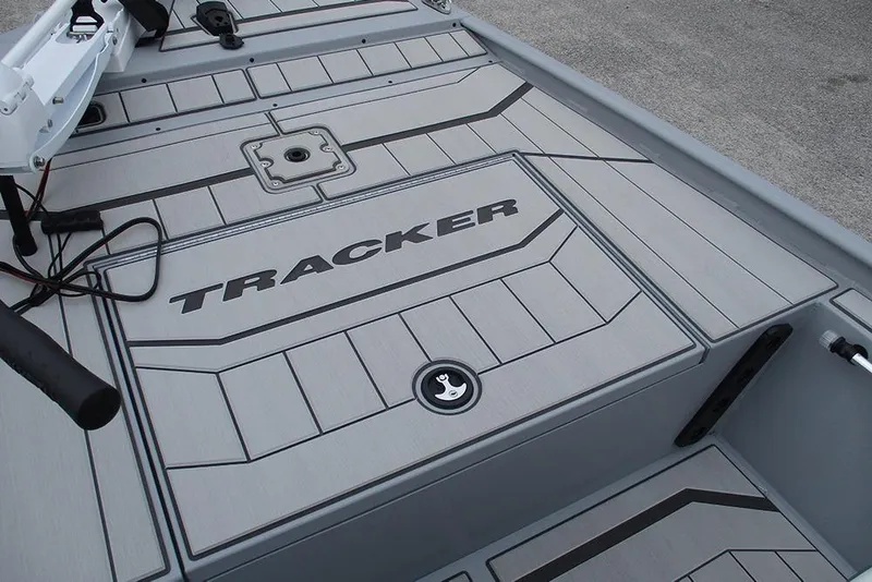 Slide: The Image of 2026 Tracker Bass Tracker Classic CC boat deck with sleek design and branding. - 12