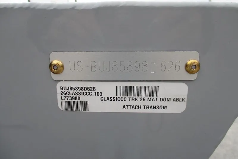 Slide: The Image of 2026 Tracker Bass Tracker Classic CC hull identification number and barcode label. - 28