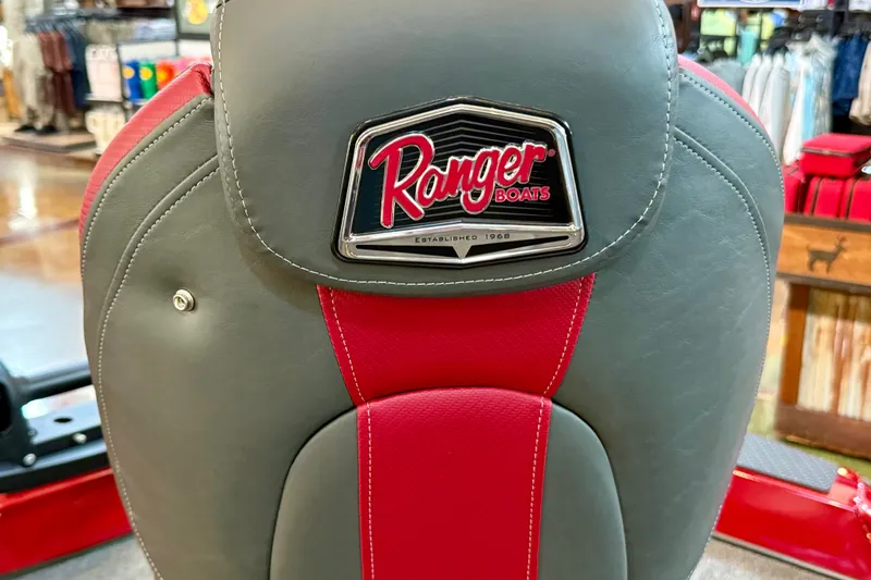 Slide: The Image of Ranger RT188P 2026 boat seat with logo, featuring gray and red upholstery. - 16