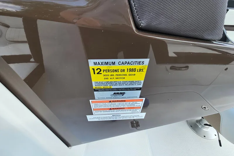 Slide: The Image of 2020 Monterey M-225 boat capacity label, maximum 12 persons or 1980 lbs, 250 HP motor. - 13