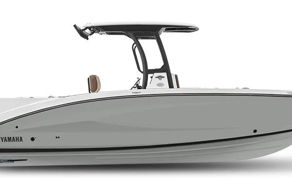 Slide: The Image of 2026 Yamaha Boats 255 FSH Sport H, sleek design, side view, white hull, modern features. - 2