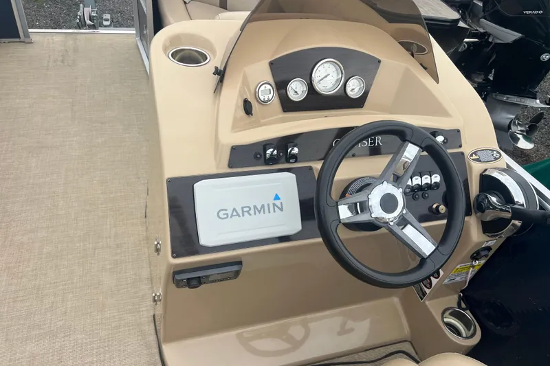 Slide: The Image of Steering console of 2019 Harris Cruiser 210 with Garmin navigation system. - 19