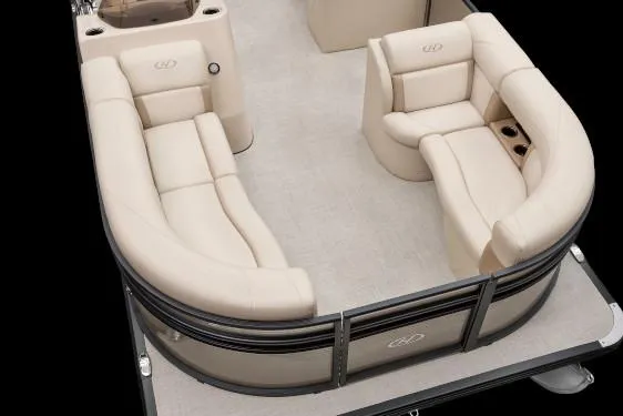 Slide: The Image of Manufacturer Provided Image: 2019 Harris Cruiser 210 pontoon boat with beige seating and black railings. - 2