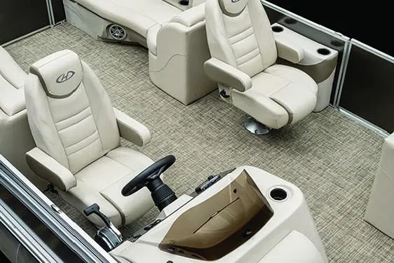 Slide: The Image of Manufacturer Provided Image: 2019 Harris Cruiser 210 boat interior with beige seating and steering console. - 5