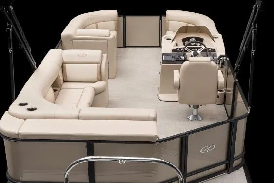 Slide: The Image of Manufacturer Provided Image: 2019 Harris Cruiser 210 pontoon boat with beige seating and helm station. - 9
