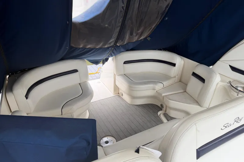 Slide: The Image of Luxurious seating area on a 2008 Sea Ray 380 Sundancer yacht with elegant white upholstery. - 8