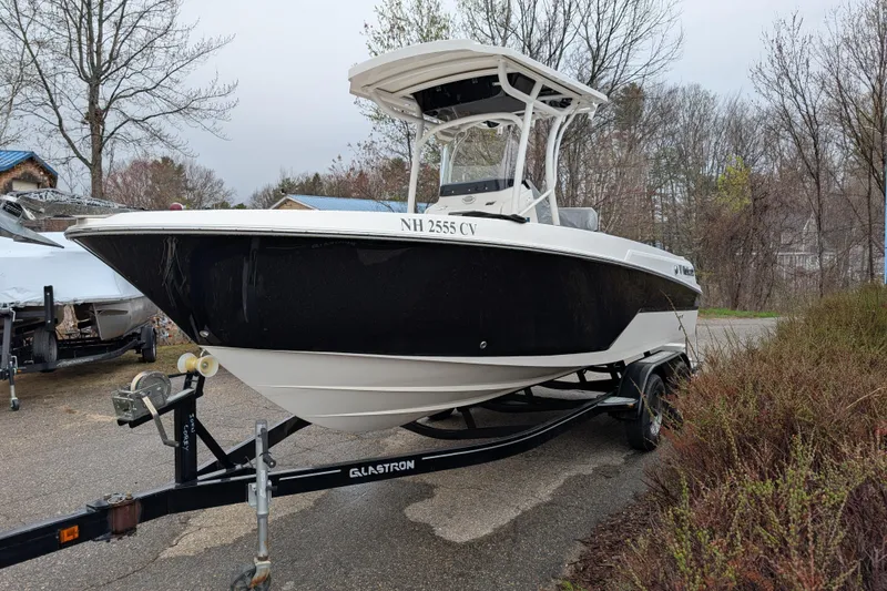 Slide: The Image of 2019 Wellcraft 222 Fisherman boat on trailer, parked outdoors in a wooded area. - 1