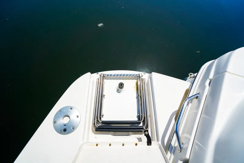 Slide: The Image of 2007 Sea Ray 280 Sundancer swim platform with ladder, overlooking calm water. - 8