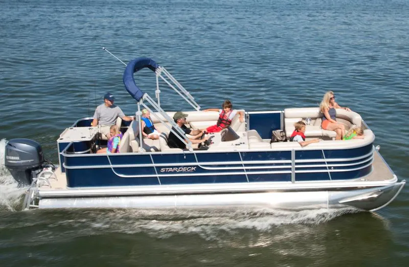 Slide: The Image of Manufacturer Provided Image: 2013 Starcraft Stardeck 236 Cruise-N-Fish pontoon boat on water with passengers. - 18