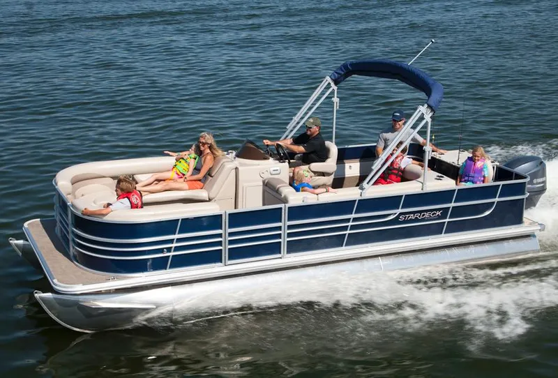 Slide: The Image of Manufacturer Provided Image: 2013 Starcraft Stardeck 236 Cruise-N-Fish pontoon boat on water with passengers. - 19