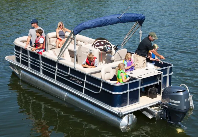 Slide: The Image of Manufacturer Provided Image: 2013 Starcraft Stardeck 236 Cruise-N-Fish pontoon boat with family fishing on a lake. - 21