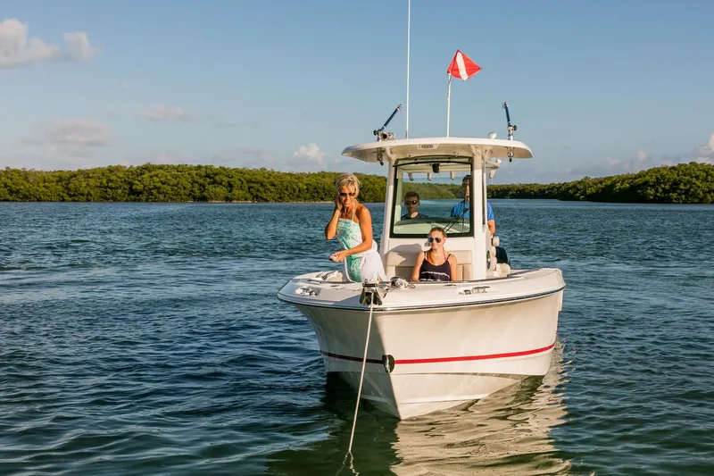 Slide: The Image of Manufacturer Provided Image: 2025 Boston Whaler 250 Outrage boat on water with passengers, scenic background. - 9