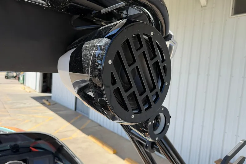 Slide: The Image of Close-up of a 2025 Moomba Mojo boat speaker, showcasing sleek design and modern technology. - 20