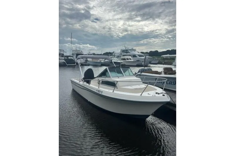 The Image of 1989 Grady-White Overnighter 204 boat docked at marina under cloudy sky. - 1