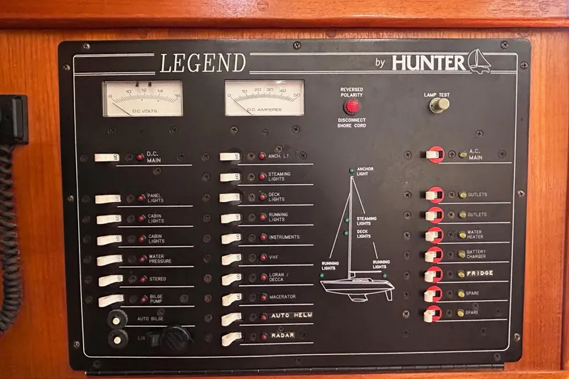 Slide: The Image of Control panel of a 1991 Hunter Legend 375 sailboat with various switches and gauges. - 8