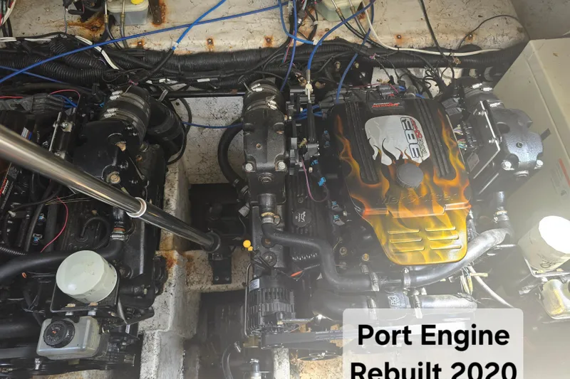 Slide: The Image of Engine compartment of 2003 Rinker Fiesta Vee 342, port engine rebuilt in 2020. - 7