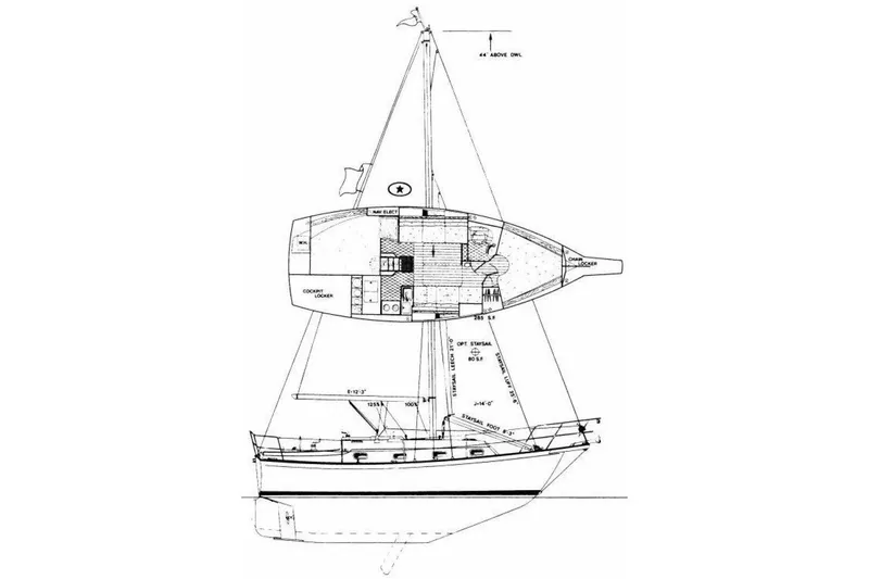 Slide: The Image of Blueprint of 1992 Island Packet 29 sailboat, showing interior layout and sail plan. - 19