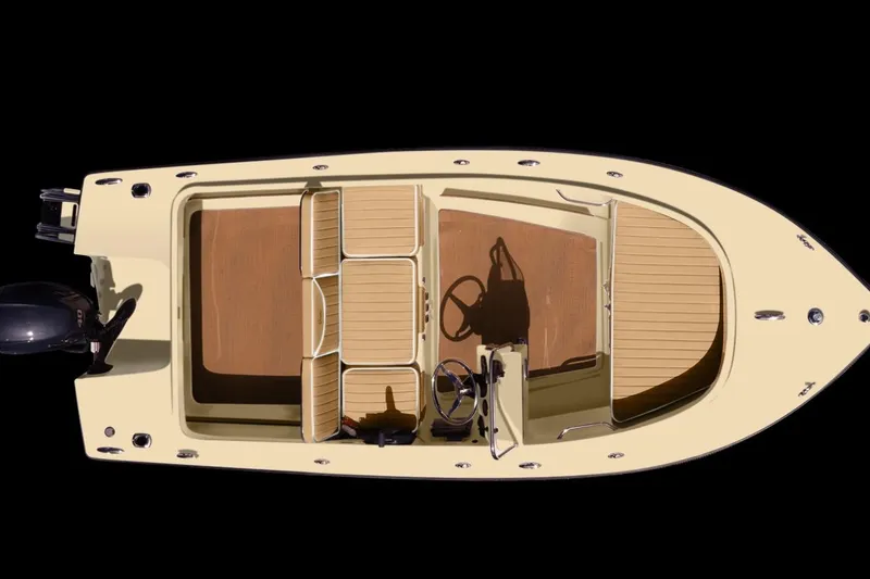 Slide: The Image of Overhead view of 2025 Rossiter 14 boat with beige interior and outboard motor. - 2