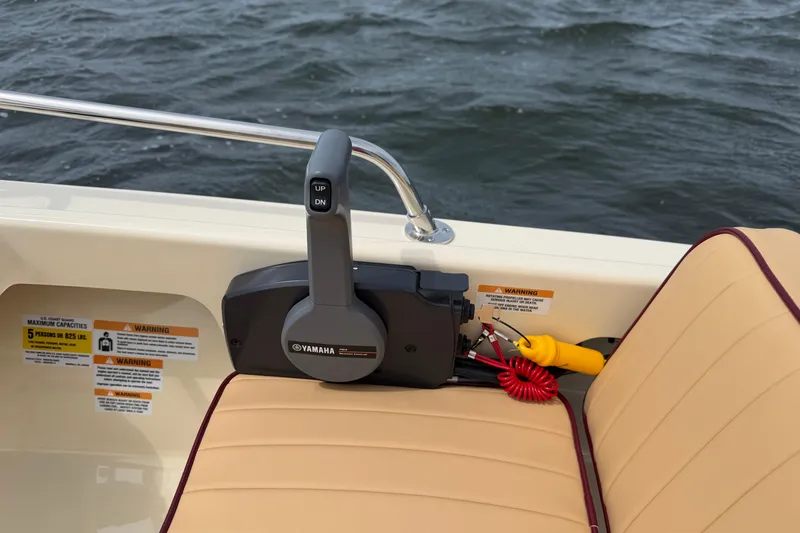 Slide: The Image of Control panel of a 2027 Rossiter 14 boat with Yamaha throttle by water. - 20