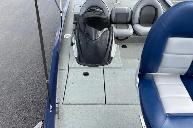 Slide: The Image of 2017 G3 Sportsman 1710 Vinyl boat interior with blue and gray seating. - 16