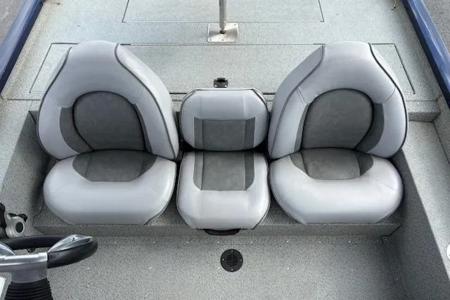 Slide: The Image of 2017 G3 Sportsman 1710 Vinyl boat seats, gray upholstery, top view. - 17
