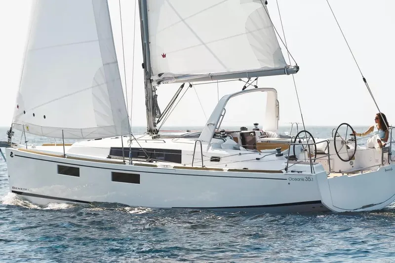 The Image of 2021 Beneteau Oceanis 35.1 sailing on open water, featuring sleek design and spacious deck. - 0