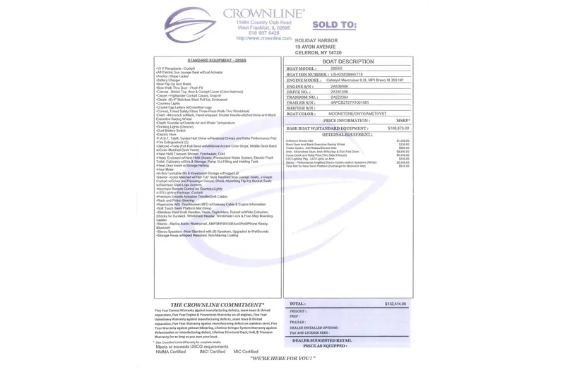 Slide: The Image of Crownline 285 SS 2018 boat description and pricing sheet with standard and optional equipment details. - 3