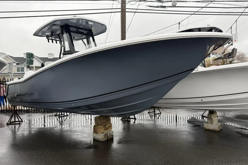 The Image of 2026 Tidewater 256 LXF boat displayed on stands in a marina setting. - 1