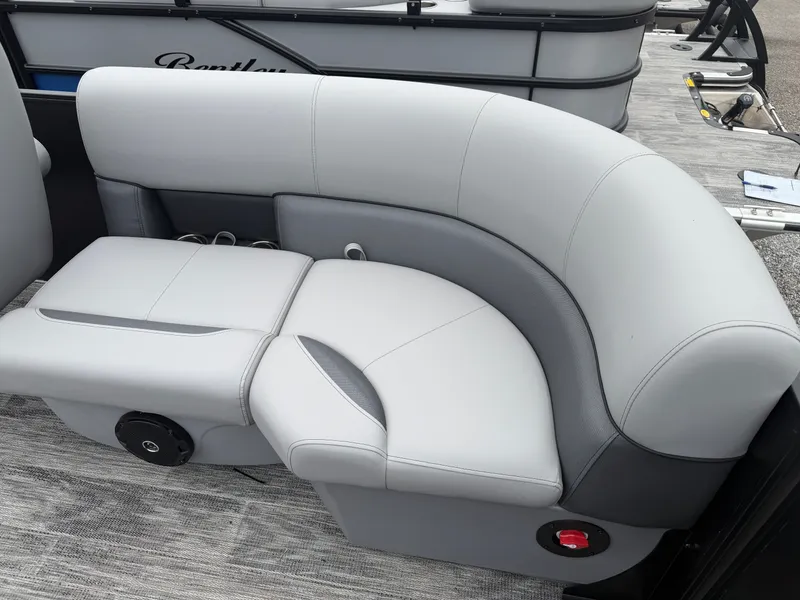 Slide: The Image of 2026 Bentley Pontoons BOLT 200 seating area in gray leather. - 18