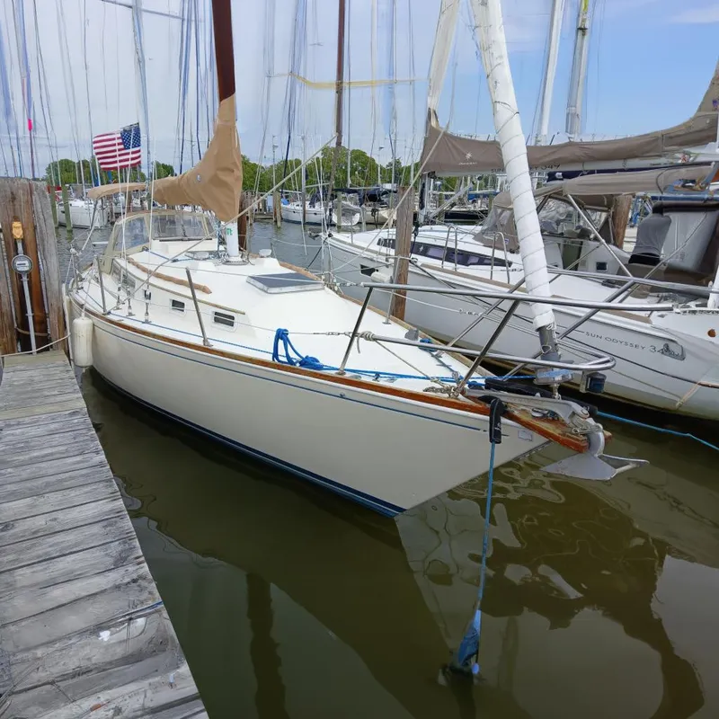 The Image of 1983 Sabre 34 sailboat docked at marina with American flag. - 0