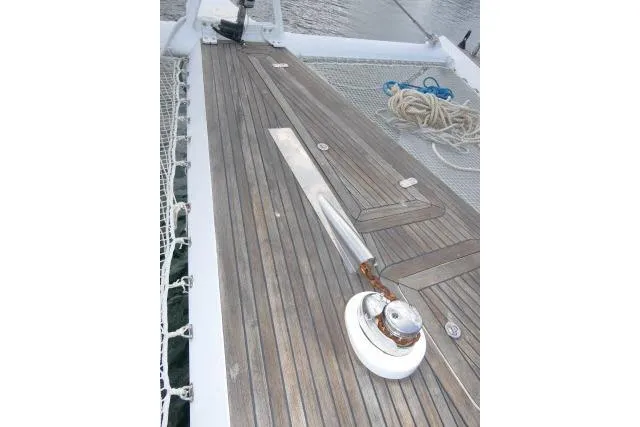 Slide: The Image of Deck of 2014 Tayana Isara 50 yacht with wooden finish and nautical equipment. - 87
