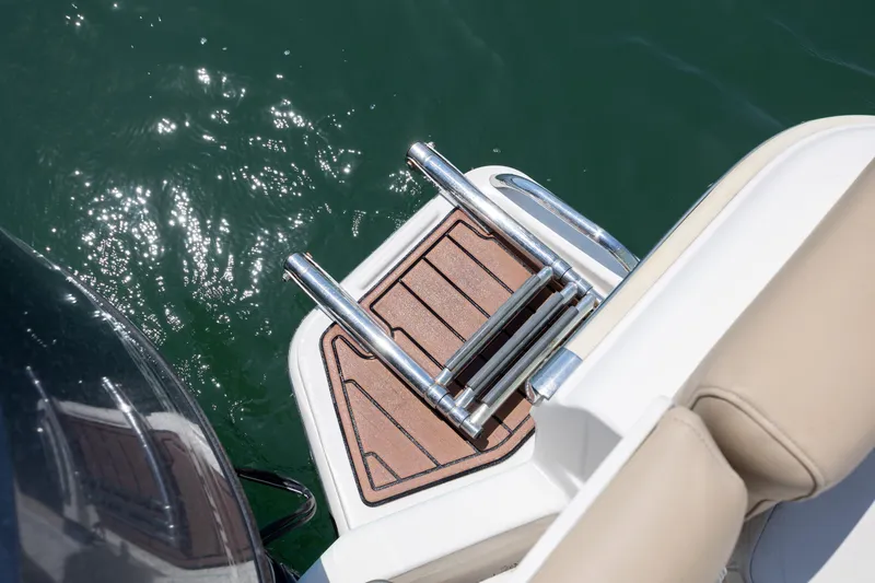Slide: The Image of 2019 Pioneer 180 Islander boat ladder and deck over sparkling water. - 17