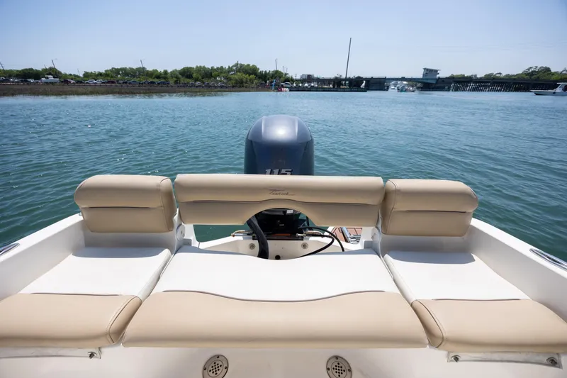 Slide: The Image of 2019 Pioneer 180 Islander boat with beige seating, on calm water near a bridge. - 18
