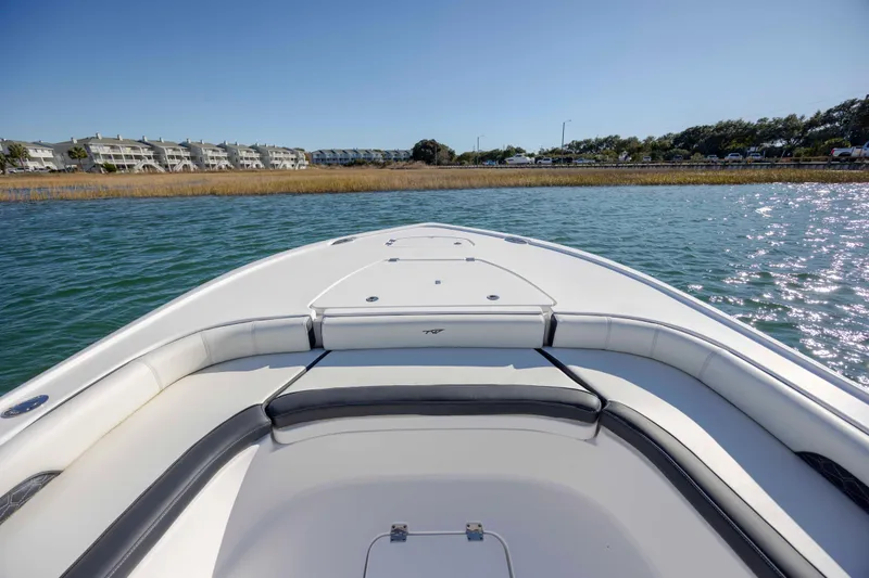 Slide: The Image of 2024 Tidewater 2500 Carolina Bay boat on water, with scenic shoreline view. - 13